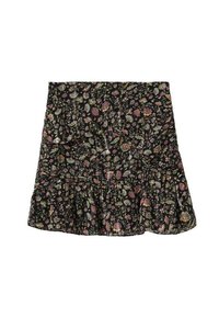 Jupe à imprimé floral avec un fond noir. Elle présente un ourlet volé, une taille froncée et un éventail de fleurs et de feuilles pastel.