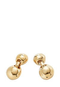 Pendientes con tono dorado que presentan dos bolas redondeadas unidas por un conector liso, con un acabado pulido y superficie reflectante.