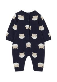 Monos de punto azul marino con un patrón repetido de zorros color crema. Botones en la parte trasera, con puños y cuello de canalé. Textura suave.