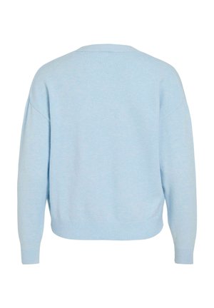 Light blue sweater, soft knit fabric, relaxed fit, crew neckline, ribbed cuffs and hem, dropped shoulders, minimalistic design.
