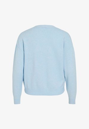 Ljusblå tröja, mjukt stickat tyg, avslappnad passform, rund halsringning, ribbade muddar och fåll, sänkta axlar, minimalistisk design.