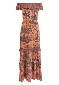 Maxi jurk met off-shoulder ontwerp, oranje met marineblauw bloemenpatroon, ruche halslijn, gelaagde rok, lichtgewicht stof, losse pasvorm.