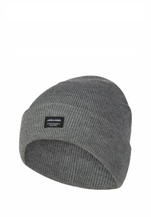 Gray knit beanie made of soft material, featuring a ribbed texture and stitched brand label on the front. Round shape with a snug fit.