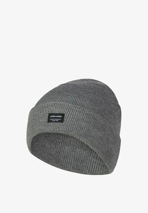 Gray knit beanie made of soft material, featuring a ribbed texture and stitched brand label on the front. Round shape with a snug fit.