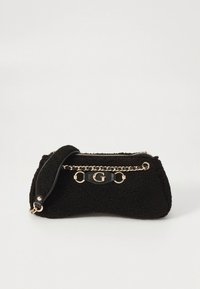 Black textured shoulder bag with gold chain detail, zipper closure, and decorative "G" emblem on the front.