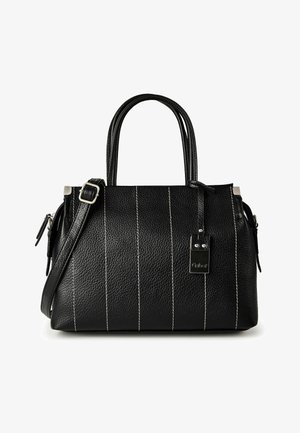 Borsa a tracolla in pelle nera martellata con cuciture verticali bianche, doppi manici, tracolla regolabile e targhetta metallica con marchio.