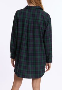 Groen en paars geruite hemdjurk met lange mouwen, een kraag en een afgeronde zoom. Zacht materiaal met een relaxte pasvorm en knoopdetails bij de manchetten.