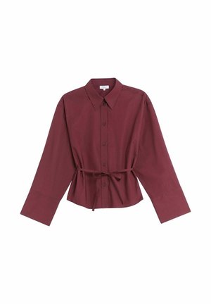 Mauve button-up shirt with a collar, long sleeves, and a cinched waist detail. Made of a smooth fabric with a relaxed fit.