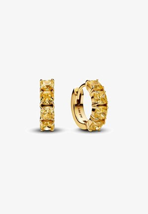 Gold hoop earrings featuring five rectangular yellow gemstones set in a prong design, showcasing a polished finish and smooth texture.