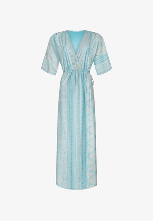 Long, turquoise patterned dress with v-neck and wide sleeves, cinched at the waist. Lightweight fabric, smooth texture, and flowing design.