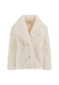 Balta dirbtinė kailio striukė su tekstūruota, siuvinėta raida, įpjautu apykakle ir mygtuko uždarymu. Minkšta medžiaga ir laisva silueto konstrukcija.