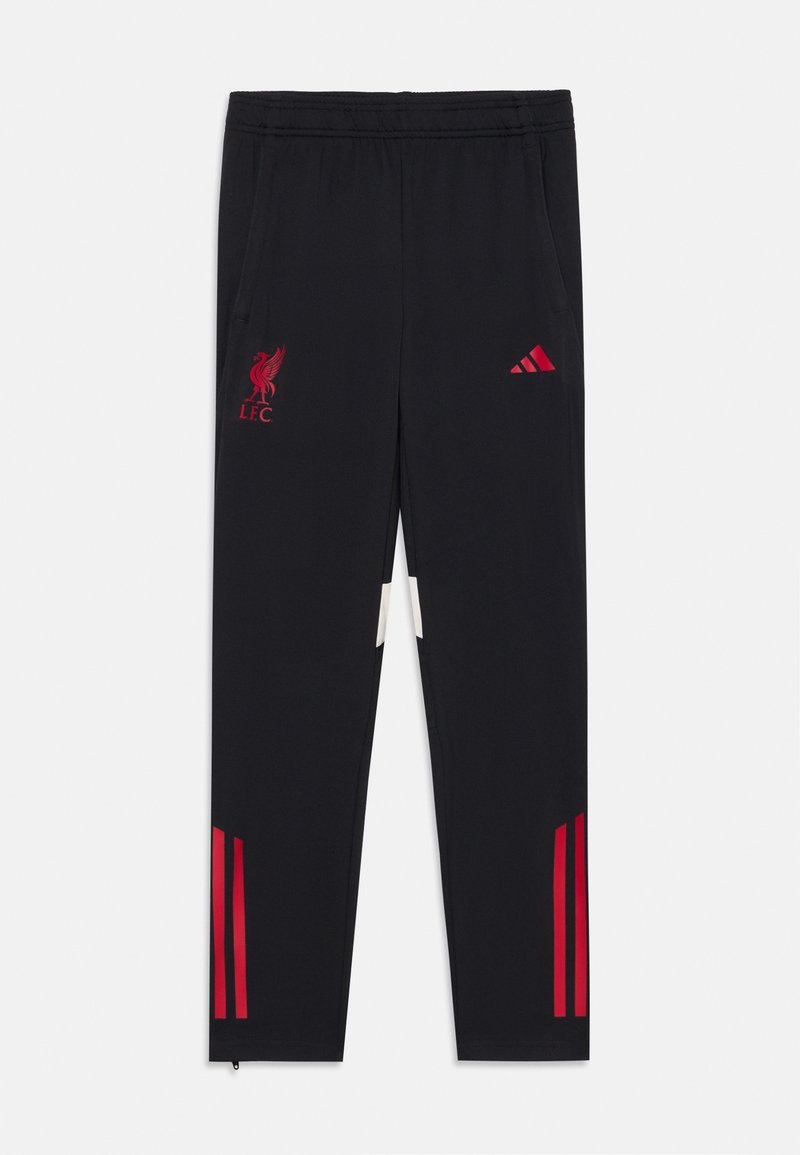 Sorte treningsbukser med røde Adidas-striper og Liverpool FC-logo. Har to sidelommer og elastisk liv med glidelåser ved ankler.