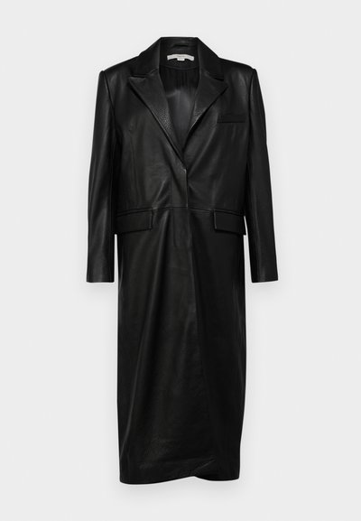 Black leather coat with a notched collar, single-button closure, long sleeves, front pockets, and a slightly tapered silhouette.