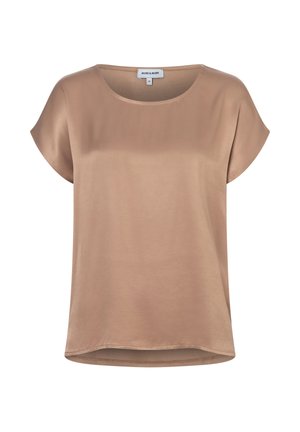 Beige kurzärmlige Satinbluse mit rundem Ausschnitt und dezent geschwungenem Saum, mit dem Etikett "More & More" Größe 38.