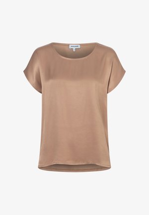 Beige kurzärmlige Satinbluse mit rundem Ausschnitt und dezent geschwungenem Saum, mit dem Etikett "More & More" Größe 38.