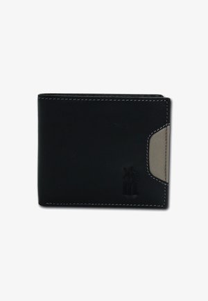 Black leather wallet with grey accent, bi-fold design, stitched edges, and embossed logo detail on the front. Smooth texture throughout.