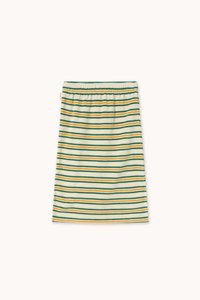 Stripete skjørt med gule, grønne og oransje striper på en kremfarget bakgrunn, med elastisk midje og myk tekstur.
