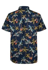 Camicia a maniche corte in tessuto blu scuro con una stampa tropicale di palme e strumenti musicali in colori vivaci. Colletto button-down.