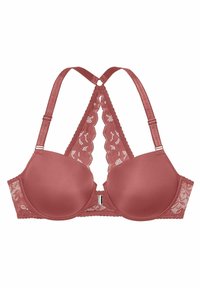 Roze beha met gladde gewatteerde cups, kantaccenten en kruislings strap. Voorzien van een haaksluiting en golfkantafwerking.