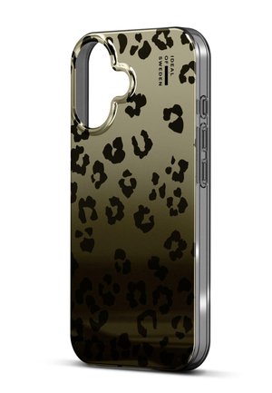 Leopard-patterned phone case in black and gold, made of glossy material with a clear border. Features precise cutouts for buttons and camera.