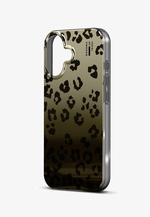 Coque de téléphone à motif léopard en noir et or, fabriquée en matériau brillant avec une bordure transparente. Présente des découpes précises pour les boutons et l'appareil photo.