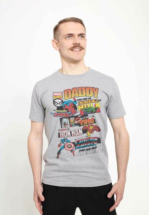 Gray cotton t-shirt features colorful Marvel superheroes in comic book style graphics, including Spider-Man, Hulk, Thor, Iron Man, and Captain America.