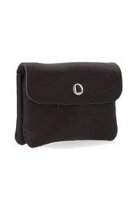 Brown leather wallet with a textured surface, rounded shape, and a silver snap closure on the front. Compact and functional design.