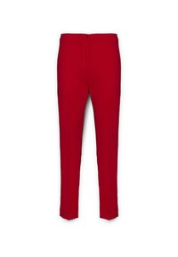 Pantaloni su misura rossi con vestibilità dritta, dotati di chiusura a bottone e passanti per la cintura. Tessuto liscio con un design pulito e moderno e gambe affusolate.