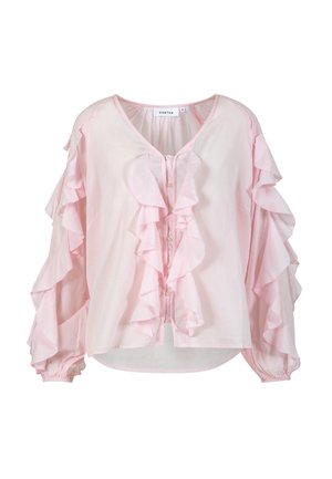 Lichtroze blouse met lange mouwen, ruffle-details langs de voorkant en mouwen, knoopsluiting en elastische manchetten.