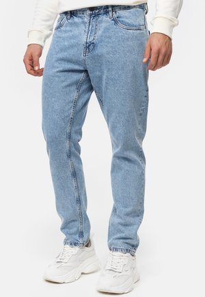 Light blue denim jeans featuring a straight leg design, faded texture, five-pocket style, and zipper fly with button closure.