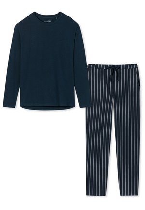 Camicia a maniche lunghe blu navy con vestibilità rilassata e orlo arrotondato, abbinata a pantaloni con strisce blu navy e bianche, dotati di tasche laterali e coulisse.