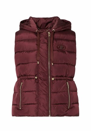 Veste sans manches matelassée bordeaux avec capuche, fermeture éclair à l'avant, cordon de serrage à la taille et à la capuche, et deux poches latérales zippées.