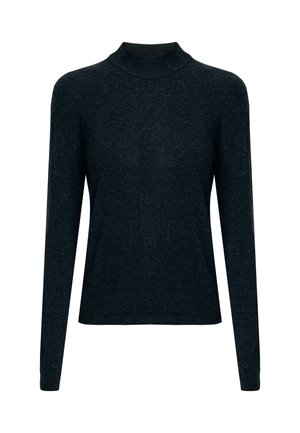 Dunkelgraues langärmliges Rollkragenoberteil aus einem weichen, strukturierten Stoff, mit einer figurnahen Silhouette und geripptem Kragen und Bündchen.