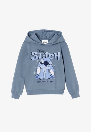 Blue hoodie featuring a front graphic of Stitch from Disney, with text “Experiment 626” underneath. Hood has a standard design and cuffs.