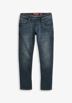 Dunkelblaue Denim-Jeans mit schmalem Schnitt, leicht ausgebleicht, mit vorderen Taschen und einem TOM TAILOR-Logo auf der Münztasche. Größe 32/32.