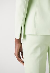 Completo tailored verde chiaro con giacca aderente e fessura laterale. Il materiale appare liscio con una leggera lucentezza.
