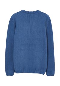 Blauer gestrickter Pullover mit geripptem Textur, rundem Halsausschnitt und langen Ärmeln. Hat eine einfarbige Ausführung ohne sichtbare Muster oder Hardware.