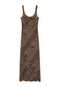 Robe longue sans manches avec un décolleté en forme de boule, présentant un motif léopard marron et noir.