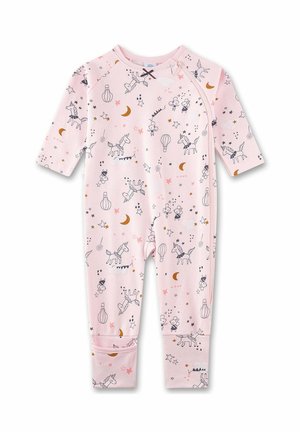 Tutina rosa a maniche lunghe per neonati con cerniera, decorata con unicorni neri e marroni, stelle, lune, palloncini e piccole illustrazioni di animali.