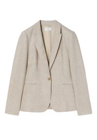 Beige vászon blézer egy gombos zárással, kivágott hajtókákkal és két elülső zsebbel. Sima textúra, testreszabott illeszkedéssel.