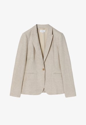 Bež jakna od lana s jednim gumbom, urezanim reverima i dva prednja džepa. Glatka tekstura s krojem koji se dobro uklapa.