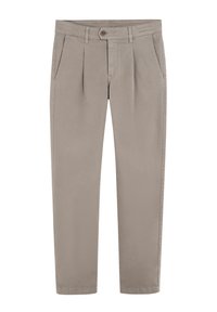 Pantalones beige de mezcla de algodón, con pliegues frontales, dos bolsillos laterales y un cierre de botón único en la cintura.