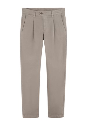 Pantalones beige de mezcla de algodón, con pliegues frontales, dos bolsillos laterales y un cierre de botón único en la cintura.