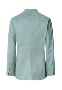 Blazer di cotone verde chiaro con colletto strutturato, maniche lunghe e polsini con bottone. Tessuto morbido e design della schiena sartoriale.