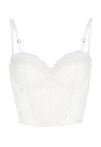 Bustier bianco in pizzo con spalline regolabili e design aderente, caratterizzato da motivi floreali sul corpetto e sezioni lisce sui lati.