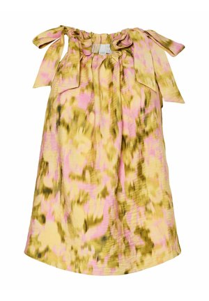 Kerge ilma varrukateta tipp kollase, roosa ja rohelise abstraktse mustriga. Omab kogutud kaelust ja sidumisrihmasid. Pehme, tekstureeritud kangas.