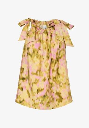 Kerge ilma varrukateta tipp kollase, roosa ja rohelise abstraktse mustriga. Omab kogutud kaelust ja sidumisrihmasid. Pehme, tekstureeritud kangas.