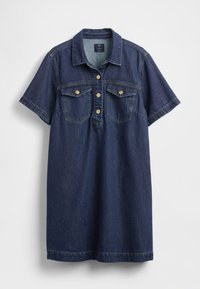 Jeansskjortklänning i mörkblått med korta ärmar, två bröstfickor, fem knappar och subtil blekningseffekt.