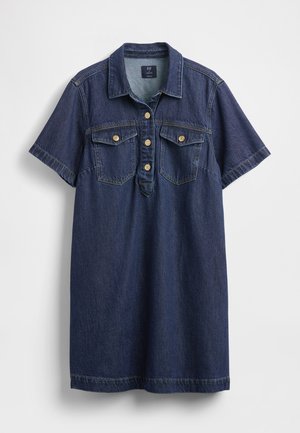 Rochie cămașă din denim albastru închis, cu mâneci scurte, două buzunare la piept, închidere cu cinci nasturi și textură subtilă estompată.