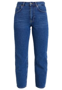 Jeans i denim i en mörkblå nyans, hög midja, rak passform, femfickorsdesign, subtil blekning och metallknapp.